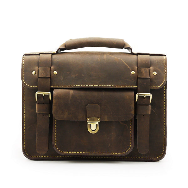 Brown Stone Leather Bag Japanese Large Satchel Natural Dark Nubuck - Assembly Artisans Co.,Ltd.
