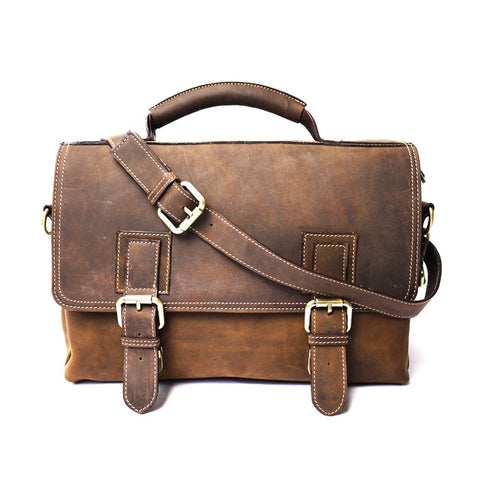 Brown Stone Leather Bag Vintage Satchel Oil Nubuck - Dark Brown - Assembly Artisans Co.,Ltd.